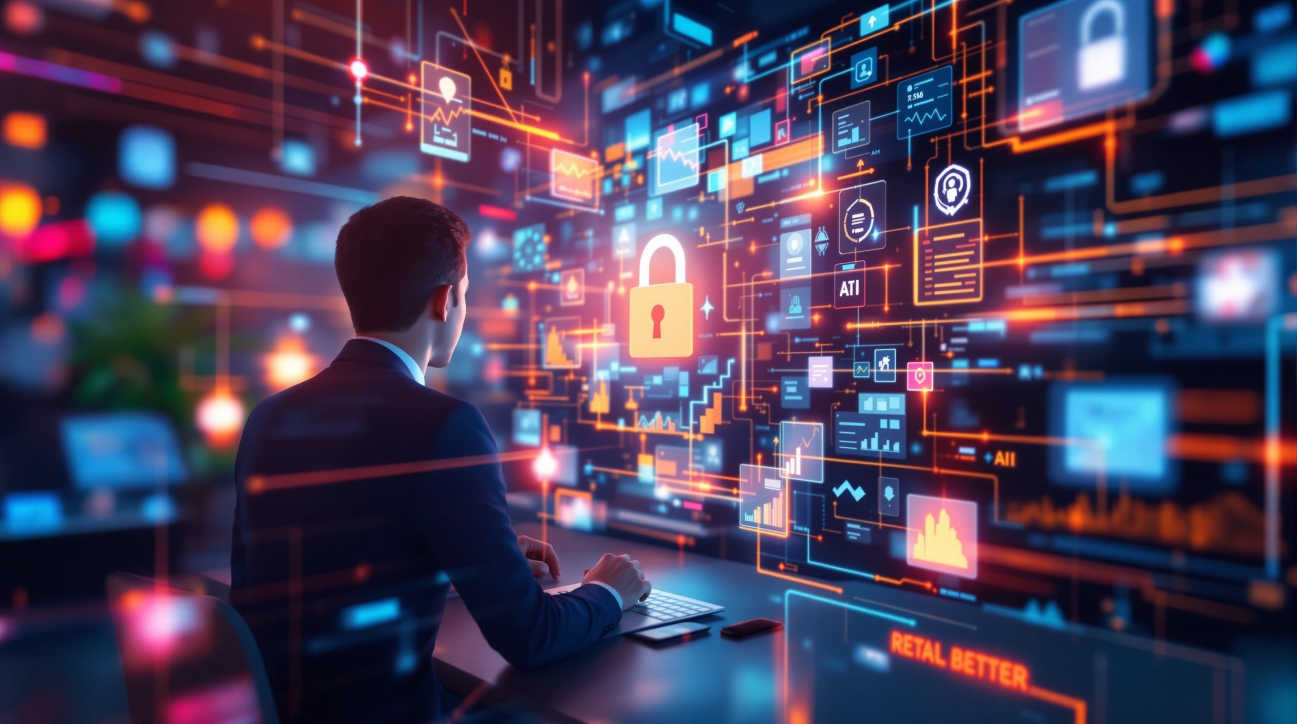 Business Man sitting in front of a wall of screens